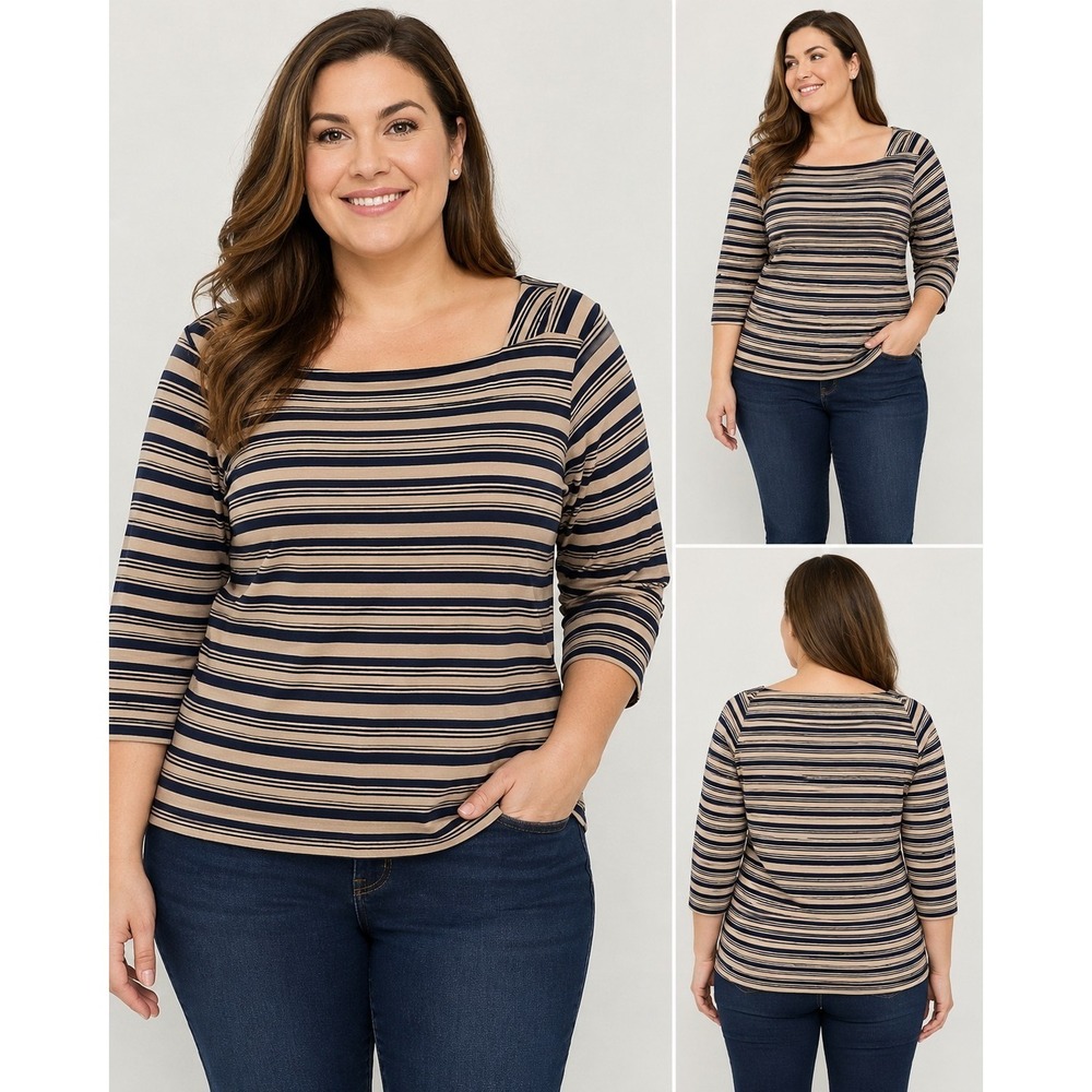 Talbots Woman 3X Navy Beige Striped Boat Neck Top 3/4 Sleeve Stretch Plus Size